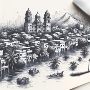 pencil sketch showing a flooded coastal city. AI generated image, blog of Mrunal Pandit, FIII